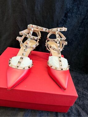 Valentino Garavani Red and Nude Rockstud Pointed-Toe Strappy Heels